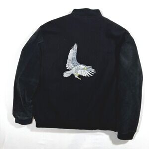 Vtg Retreat Varsity Bomber Jacket Eagle Embroidered Black Suede Wool 42 44 L Y2K